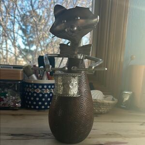 Whimsical Silver Cat with Drum Decor